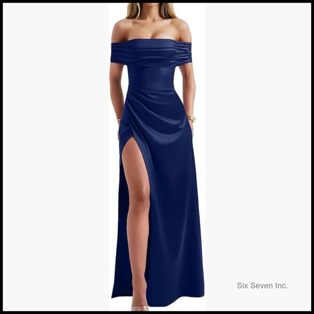 Off Shoulder High Split Bodycon Evening Maxi Dress - image 1